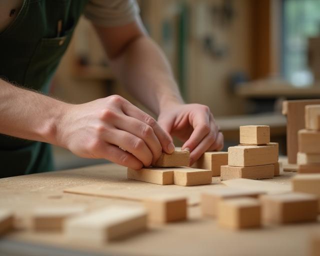 Craftspeople sanding wooden toy blocks in our Manchester workshop